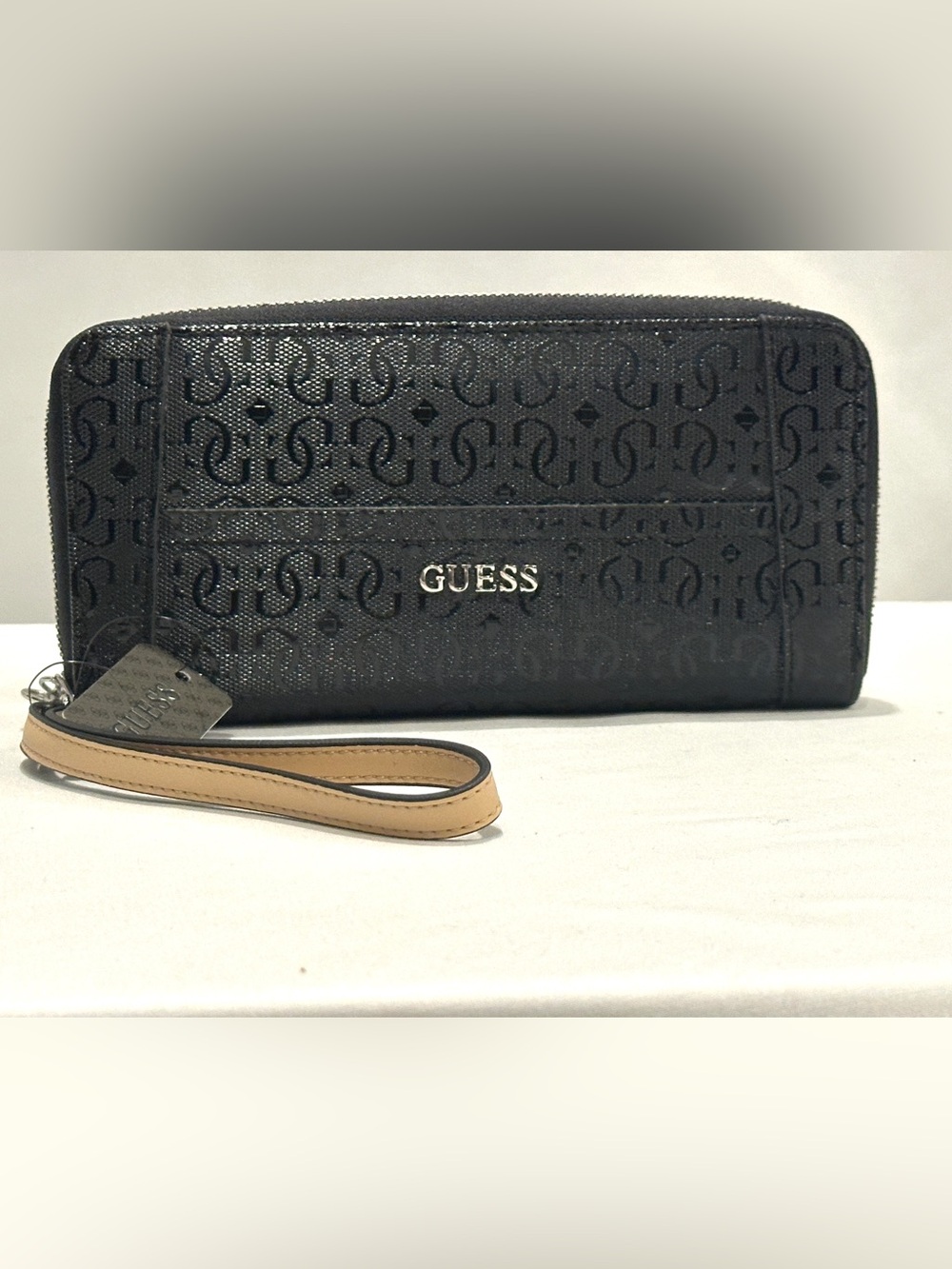 GUESS Black Logo Zip Wallet with Tan Wrist Strap